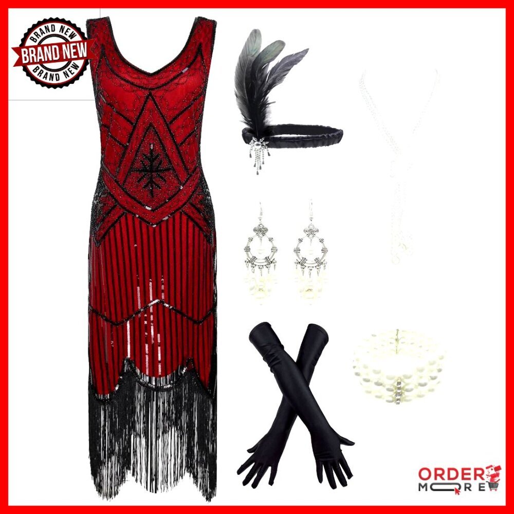 Sequin Fringed Flapper Dress with Accessories Set, Size S-XL, Polyester